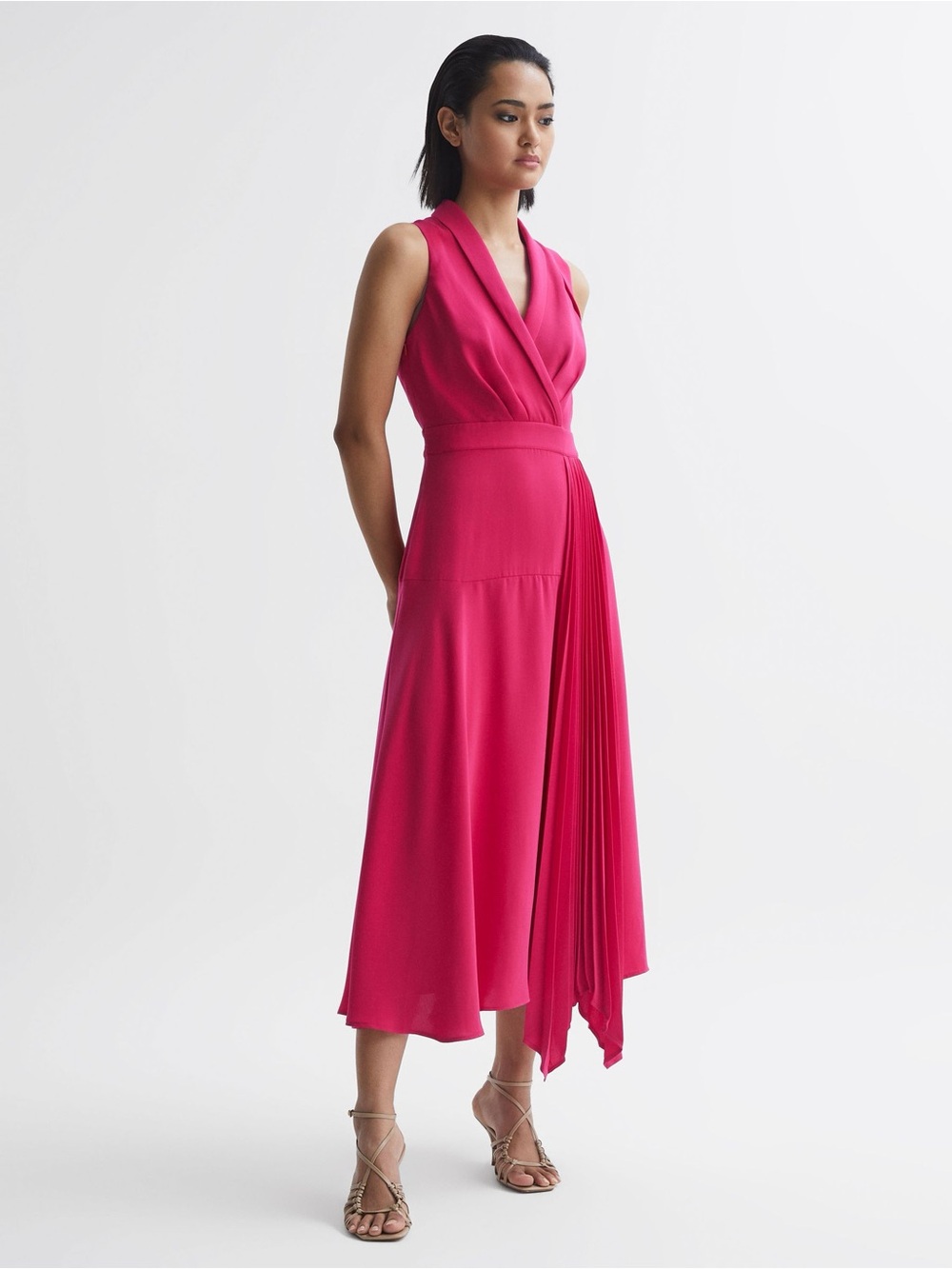 REISS Claire Pleated Fitted Midi Dress Pink Size 6